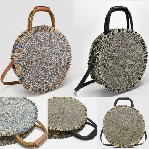 2019 Lady Round Rattan Bag Handmade  Straw Woven Circle Crossbody Handbag for Women Round Tassel Beach Straw Bag