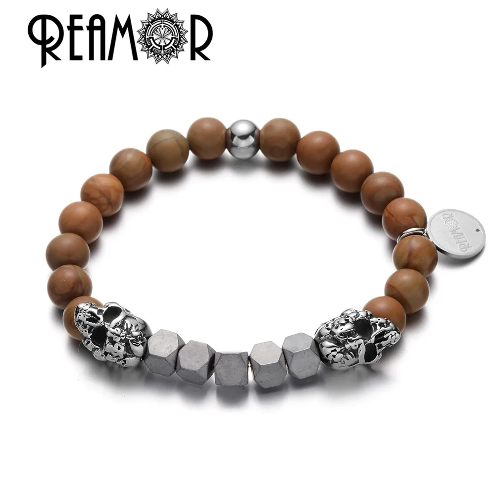 

REAMOR Fashion Natural Wood Grain & Iron Ore Stone Stretch Bracelets Punk 316l Stainless Steel Skull Beaded Men Bracelet Jewelry