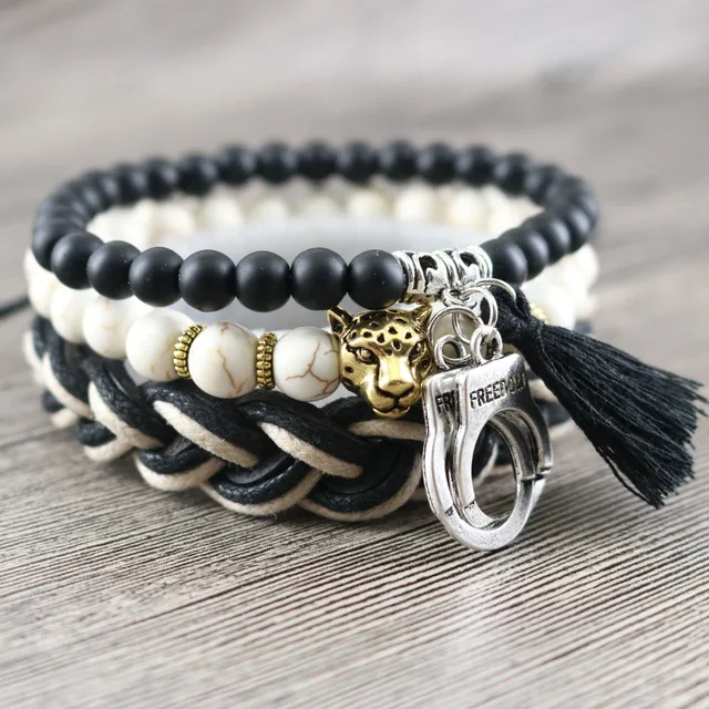 Original 3 In 1 Vintage Male Bracelets White Beads Knot Stretch Original 3 In 1 Vintage Male Bracelets White Beads Knot Stretch Handmade Rope Braided Leather