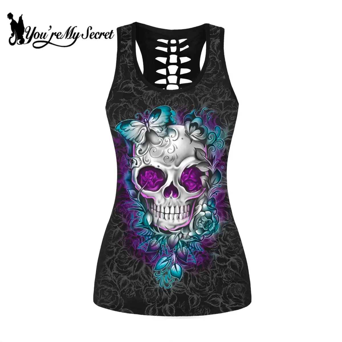 

[You're My Secret] Summer Tank Top For Women Gothic Skull Vest Hollow Out Floral Punk Female Vest Slim Fitness Clothing