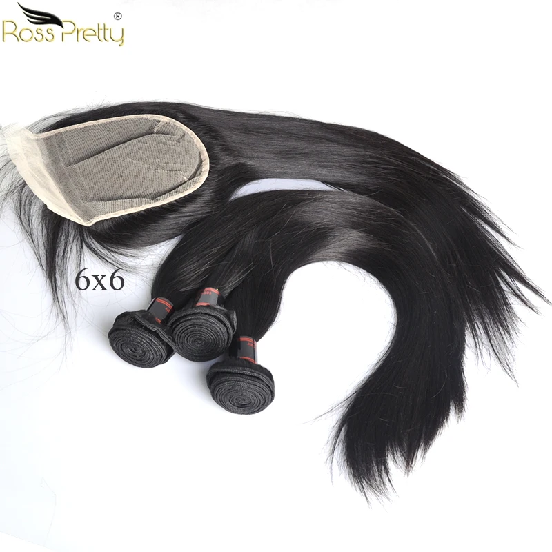 

Ross Pretty Remy Brazilian Hair Lace Closure with Bundles Natural Human Hair Bundles With Closure Straight Transparent 6x6
