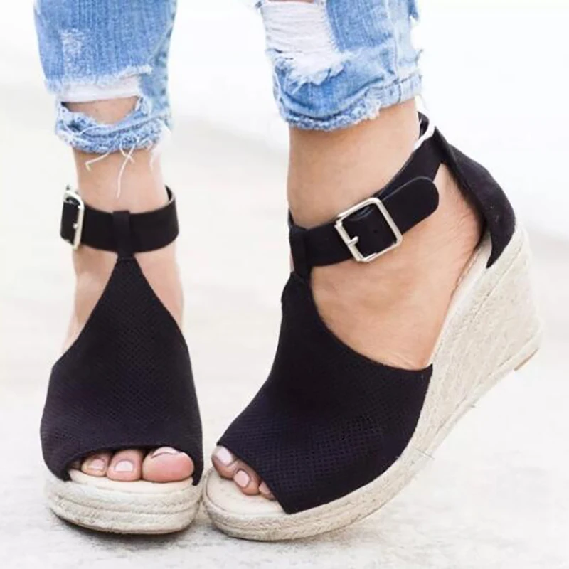 

2019 Summer Shoes Women Fashion Dull Polish Sewing Peep Toe Wedges Hasp Sandals Flatform Shoes zapatos mujer Sandals WF68