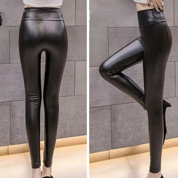

Women's Velvet Leather Pants High Waist Elastic Slim Trouser Women Casual Skinny Stretch PU Leather Pencil Pants Cotton Leggings