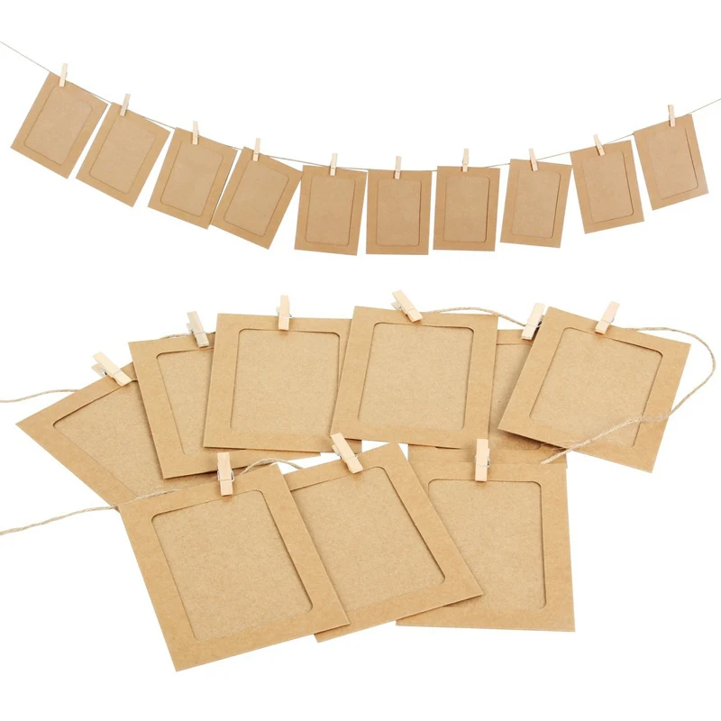 NOBBEE Paper Photo Frame 4x6 Kraft Paper Picture Frames 30 Pcs DIY Cardboard Photo Frames with Wood Clips and Jute Twine (White)