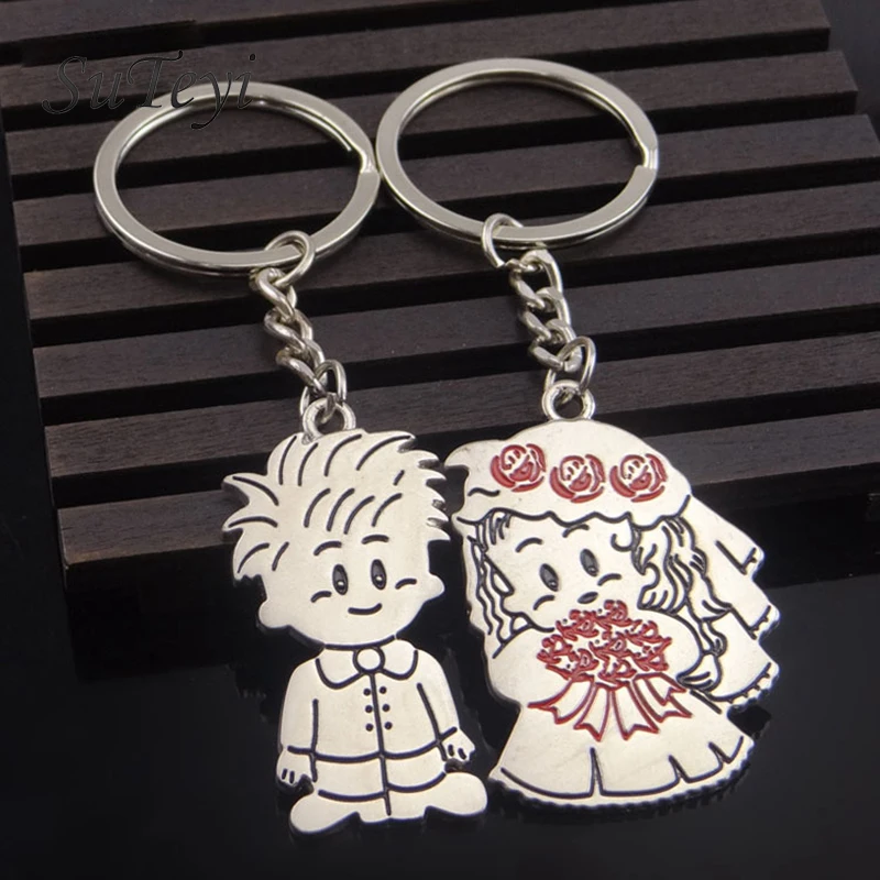 

SUTEYI 1 Pair Couple Bride and groom Letter Keychain Heart Key Ring Silver Color Lovers Love Key Chain Valentine's Day gift