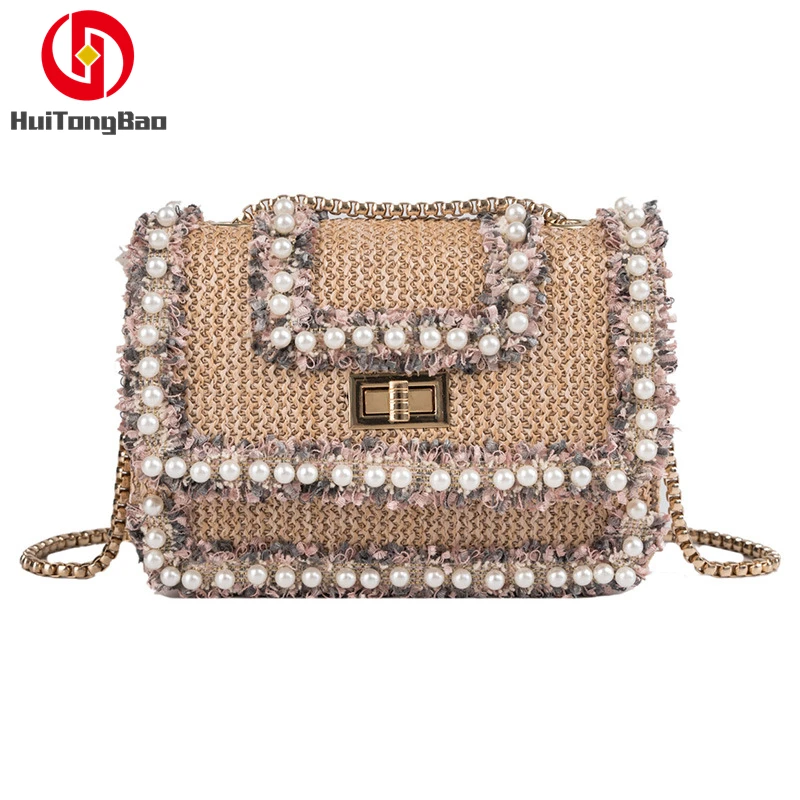 Women Bag Pearl Beach Shoulder Crossbody Messenger Flap Chain Slung Lock Buckle Luxury Handbags Bags Designer | Багаж и сумки