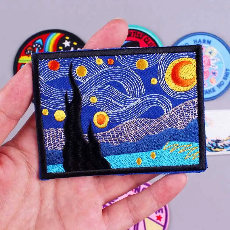 

Pulaqi Starry Night Patch Iron On Patches For Clothing DIY Embroidered For Clothes Van Gogh Patch Badge For Clothing Decoration