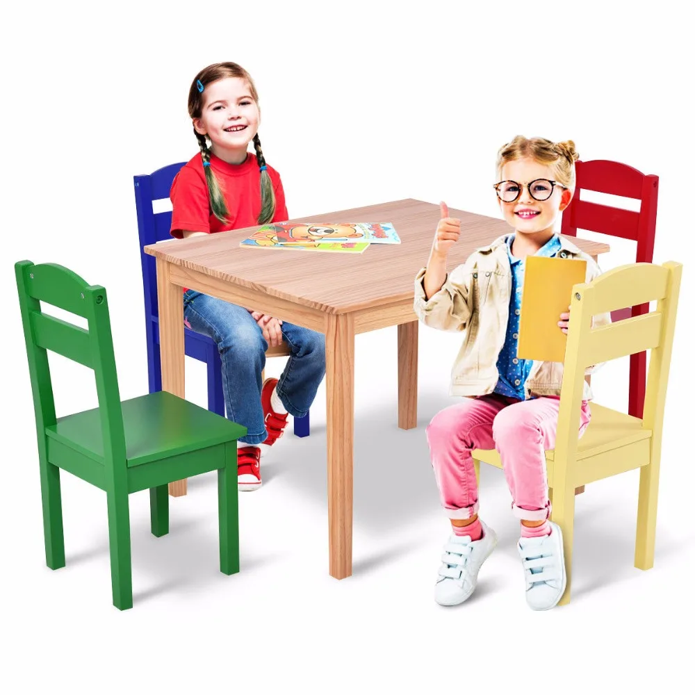 Goplus Kids 5 Piece Table Chair Set Pine Wood Multicolor Children Play Room Furniture HW55008