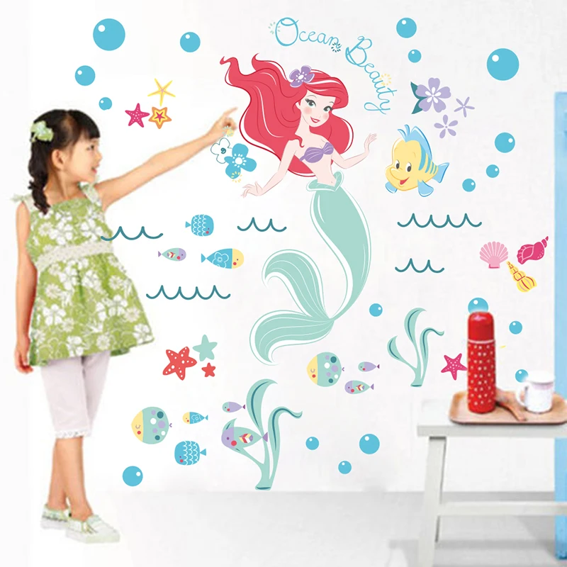 

Mermaid Fairy Decorative Wall Stickers For Kids Room Bathroom Decor Cartoon Seabed Bubble Fish Decal PVC Mural Poster Girls Gift