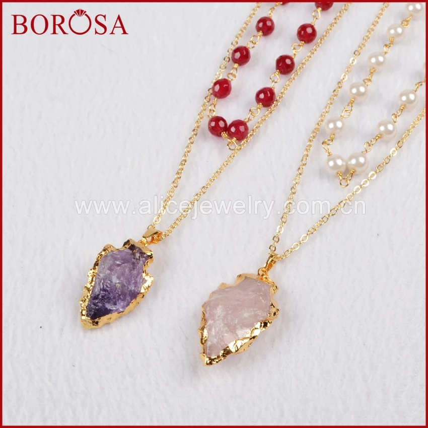 

BOROSA Rough Natural Purple Crystal & Pink Quartz Arrowhead Double Layer Necklace with 6mm Mixed Stone Beads Necklace G0761