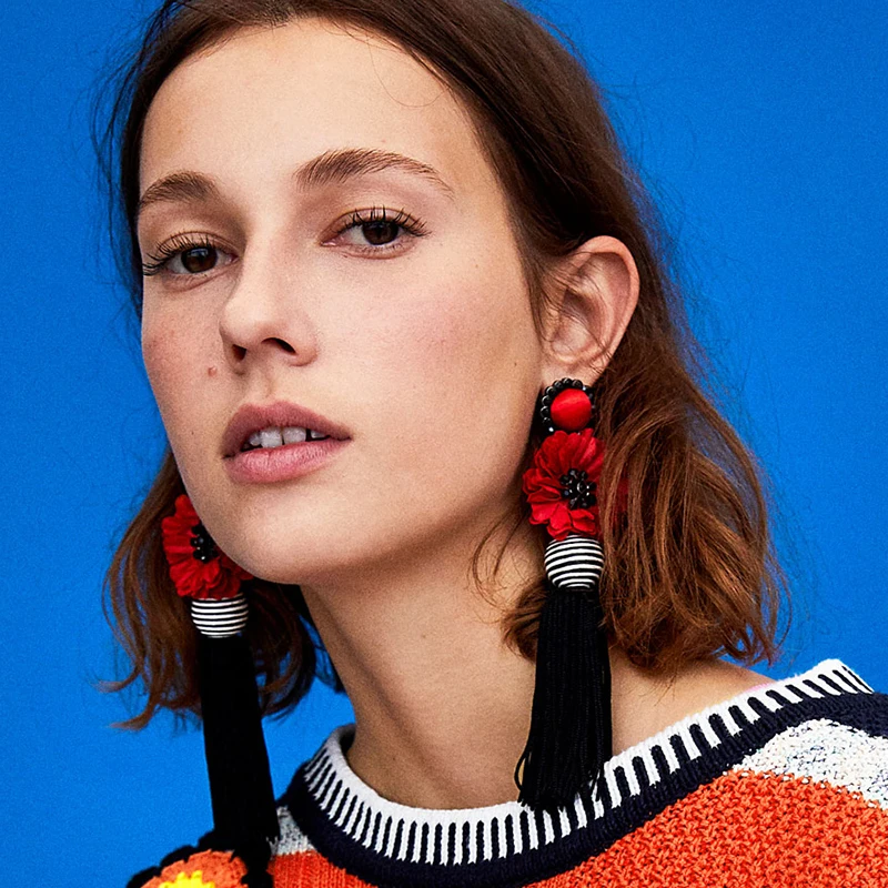 

Best lady Hyperbole Bohemian Flower Fringed Statement Earrings Fashion Black Tassel Drop Dangle Earrings Wedding Women Jewelry