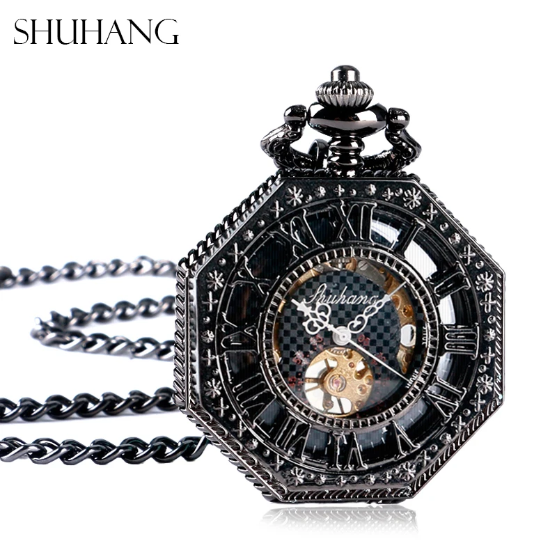 Octagon Shape Mechanical Pocket Watch Men Retro Hand Winding With Chain Classic Gift | Наручные часы