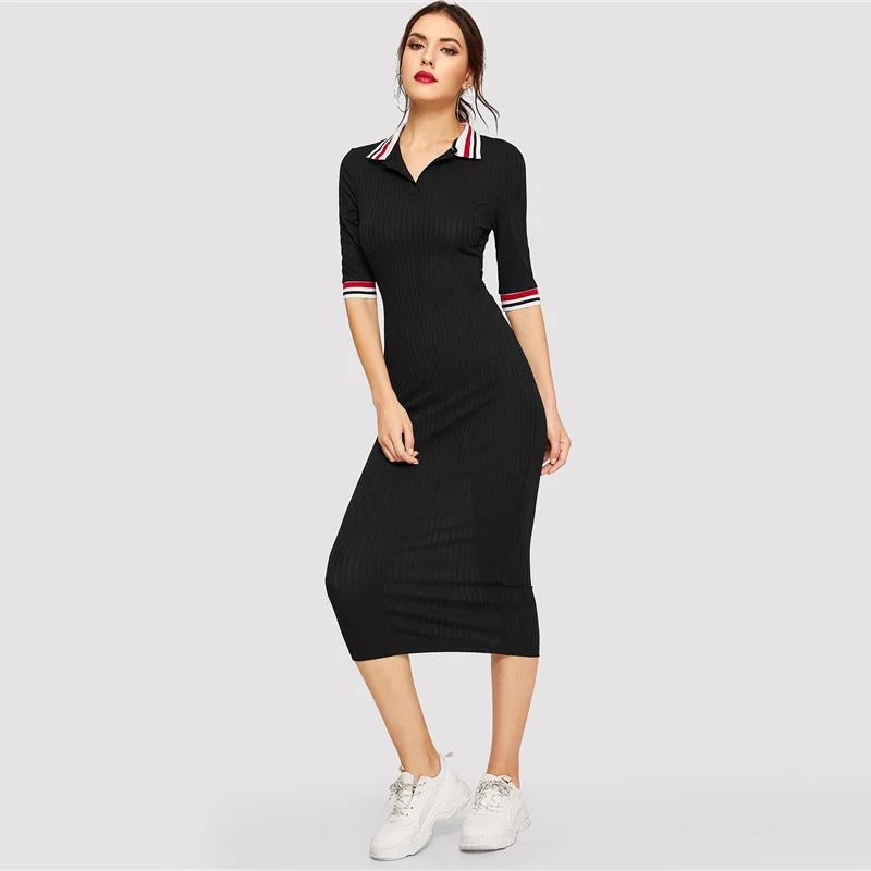 SweatyRocks, трикотажное платье в полоску с воротником, уличная одежда, рукав до локтя, женская элегантная одежда, весеннее облегающее Черное длинное платье