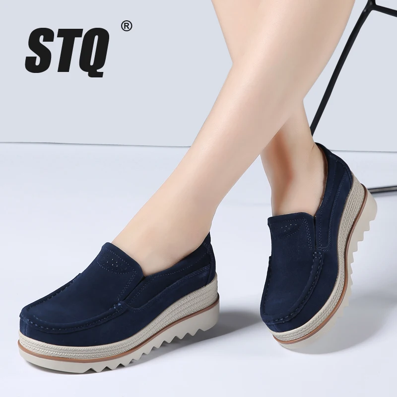 

STQ 2019 Autumn women flats shoes platform sneakers shoes leather suede casual shoes slip on flats heels creepers moccasins 3088