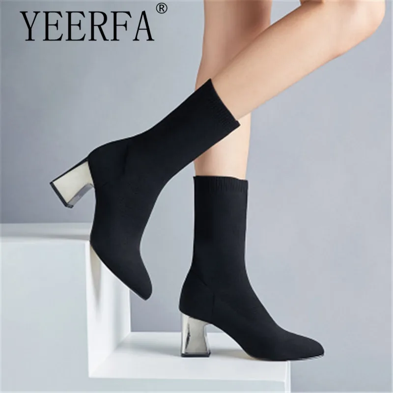 Fashion Women Black Ankle Sock Boots Fashion Autumn Winter Warm Fur Stretch Boots Chunky High Heels Pointed Toe Women Shoes