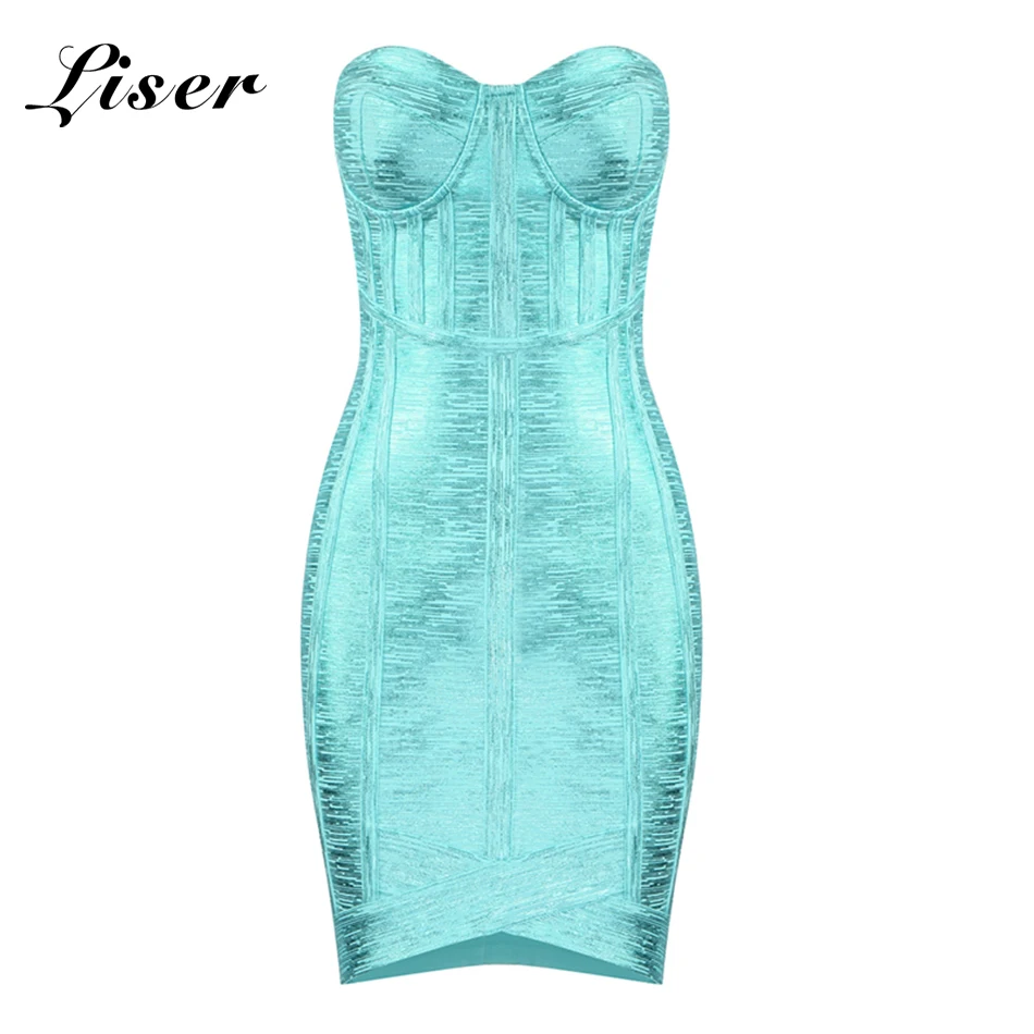 

Liser 2019 New Summer Women Dress Strapless Bronzing Bandage Dress Sexy Bodycon Elegant Celebrity Party Sky Blue Dresses Vestido