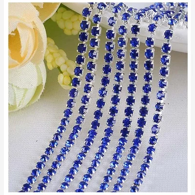 1yard/piece 30colors glass crystal Rhinestone Chain,silver bottom sew on Cup Chains For diy Garment Bags decorations Sapphire blue