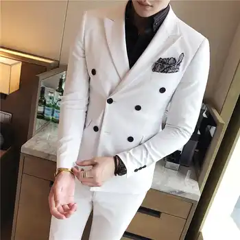 ( Jacket + Vest + Pants ) New Mens Fashion Solid Color Formal Business Double-breasted Suit 3 Set / Groom Wedding Dress Suits