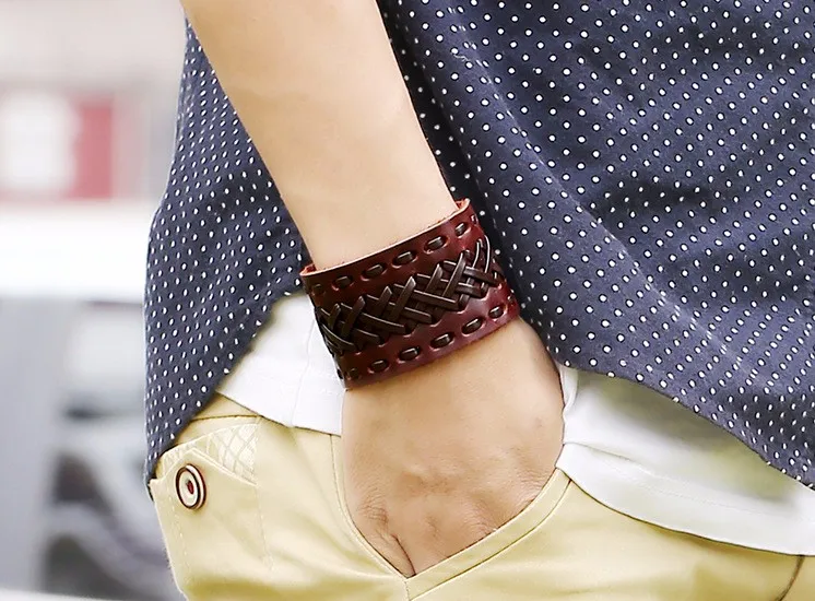 Мужской женский панк браслет широкий кожаный ручной работы плетеный жесткий браслет-обруч коричневый черный цвет модные ювелирные изделия мужские браслеты