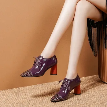 

MLJUESE 2020 women pumps cow leather autumn spring lace up purple color square toe high heels lady shoes party size 34-41