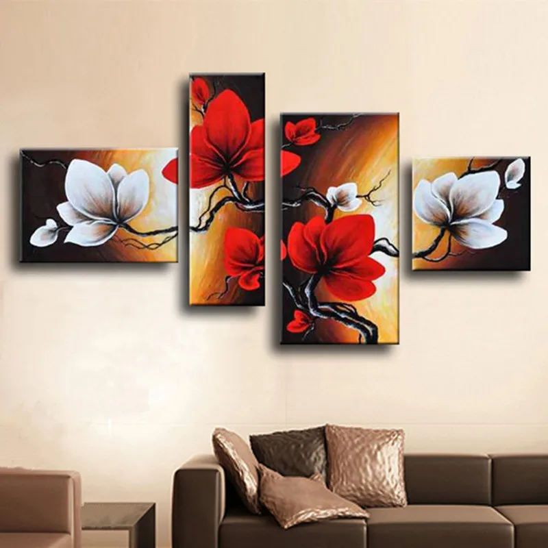 

Large 4 Panel Flowers Pictures Handpainted Abstract Red Flower Oil Painting on Canvas Handmade Floral Paintings For Living Room