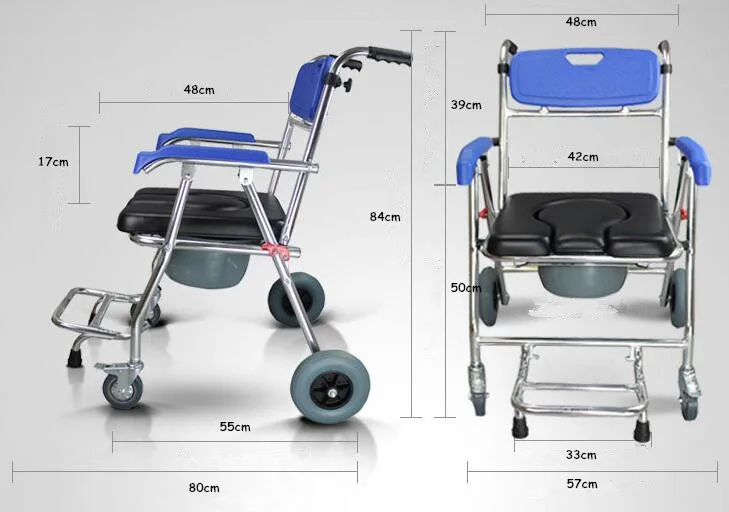 Commode Mobile Chair Toilet Chair Seat Wheelchair Shower Transport Chair with 4 brakes For Bathroom Toilet Stool Elderly