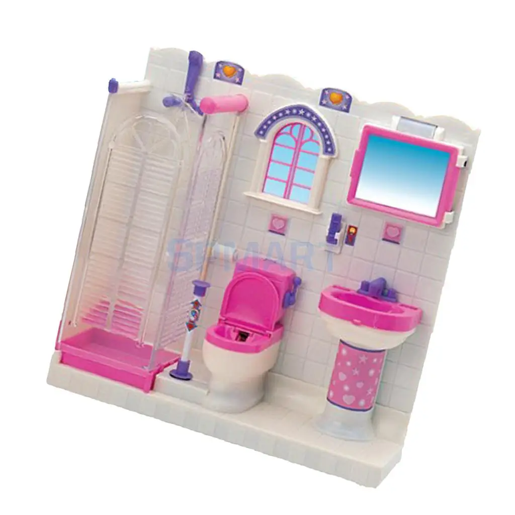 Plastic Dollhouse Miniature Bathroom Furniture Play Set for Dolls Accessories Furniture Decor Life Scenes GIrls Kids DIY Toy