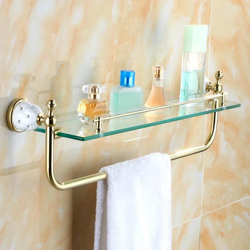 Bathroom Towel Rack Polish Copper Towel Bar Gold Plated Glass Shelf