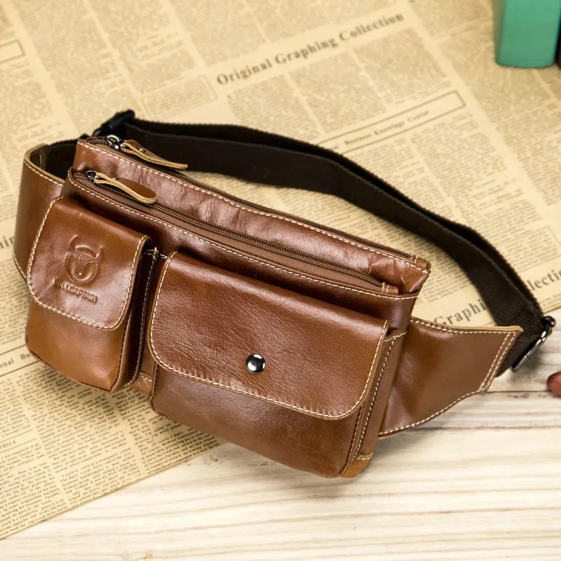 

BULLCAPTAIN Men's chest pockets shoulder slanting multi-function leather chest genuine leather running bag