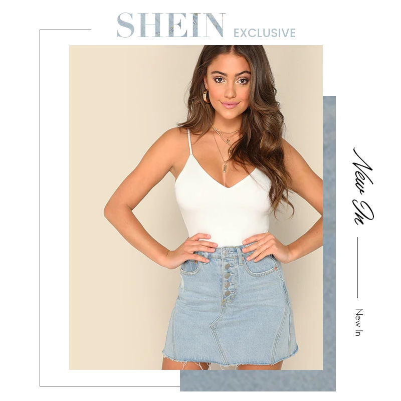 SHEIN цельный топ на бретельках с v-образным вырезом на спине, женская одежда,, сексуальный летний топ на бретельках, эластичный белый облегающий жилет на бретельках