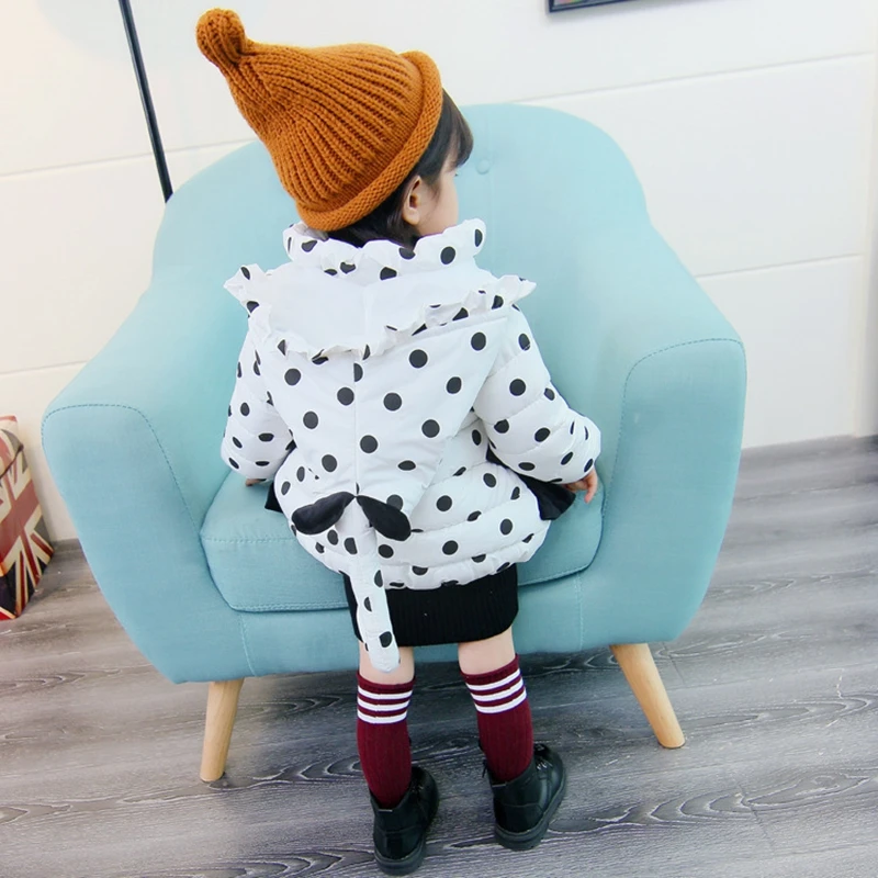 Baby girl Coat In Winter Zipper hooded Polka dot long tail hat Bow-tie pockets  cotton-padded jacket for Kids Children warmed up (12)