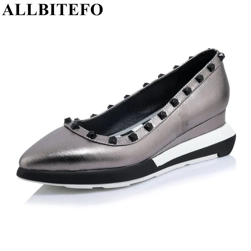 

ALLBITEFO 2017 new arrive genuine leather pointed toe medium heel women pumps fashion casual wedges heel office ladies shoes