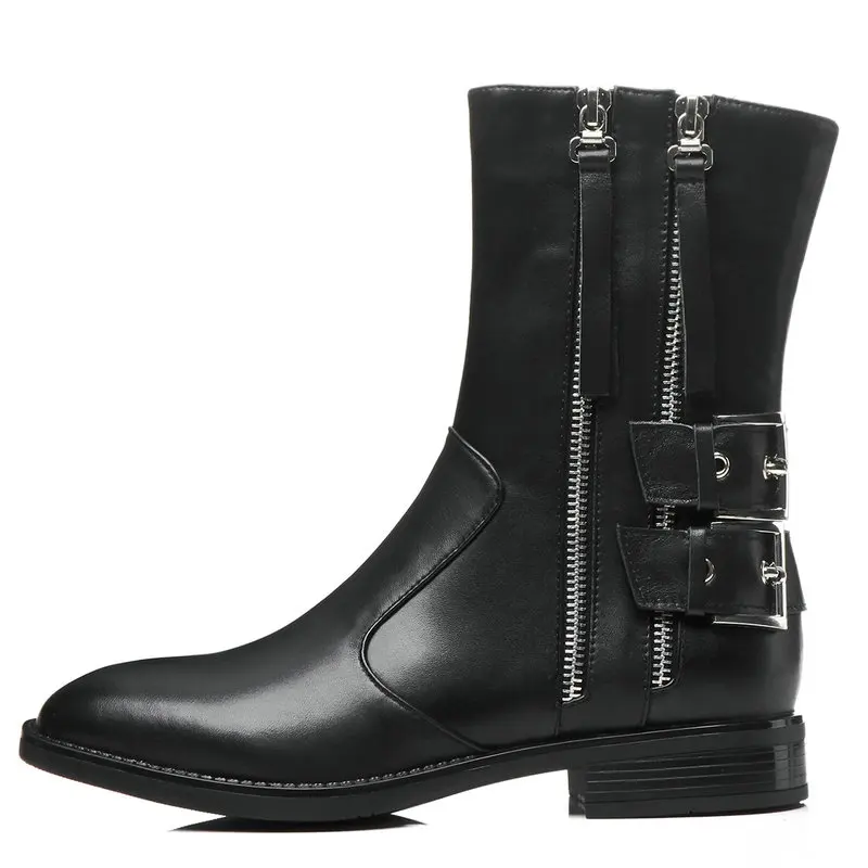 

Genuine Leather Motorcycle Flat Boots for Women Fashion punk Ladies Luxury Designer Buckle Zipper Ankle Boots Combat boots