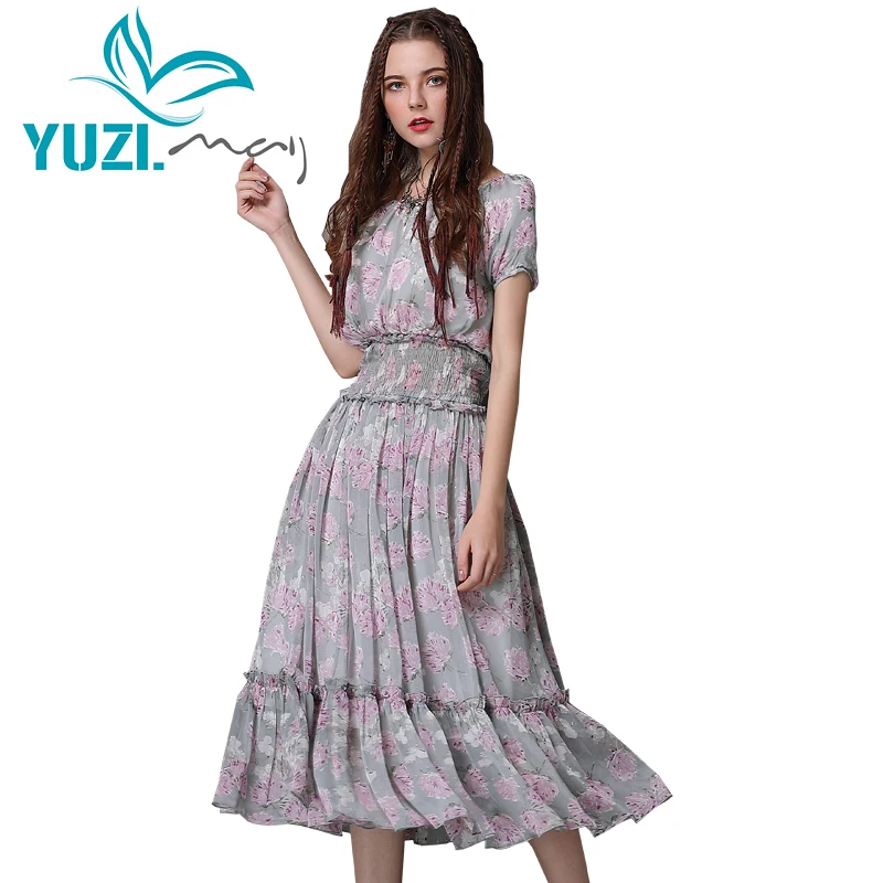 

Summer Dress 2018 Yuzi.may Boho New Chiffon Dresses O-Neck Short Sleeve Swing Hem Floral Print Vestidos A82072 Vestido Feminina