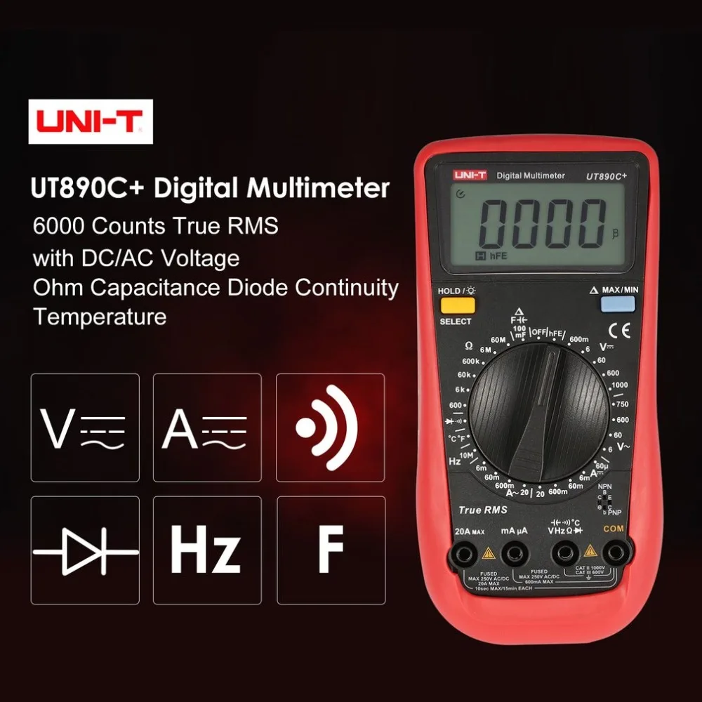 

UNI-T UT890C+ Digital Multimeter True RMS AC/DC Meter Tester with 6000 Counts DC/AC Voltage Current Temperature