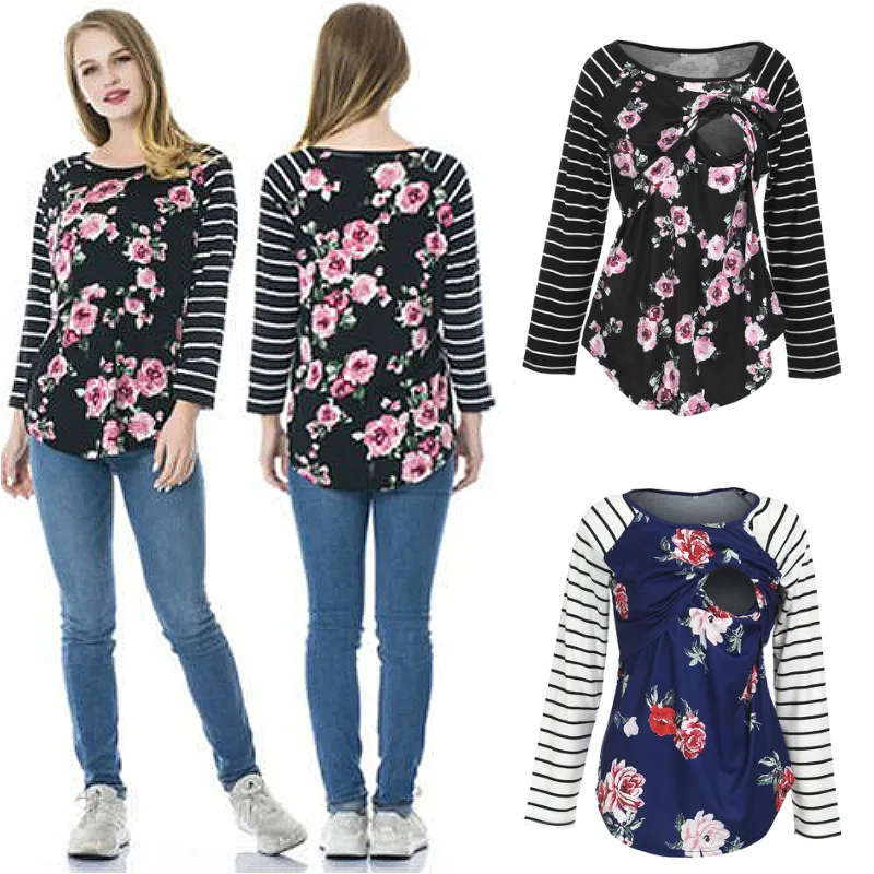 2019 Striped Floral Women Maternity Clothes Pregnant T Shirts O Neck Long Sleeve Casual Nursing Top Breastfeeding Clothes Femme