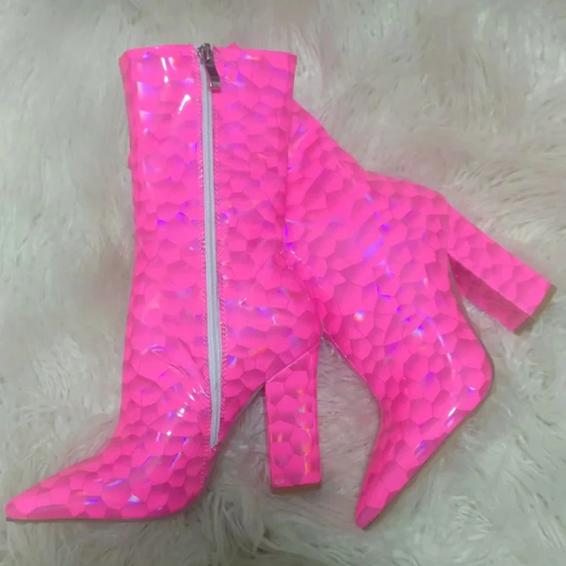 

Akamatsu Mid Calf Prints Patent Leather Straight Zipper Boots High Heel Pointed Toe Zipper Shoes Pink Women Spring/Autumn Boots