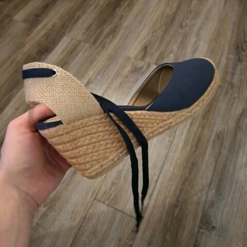 Women Ankle Strap Espadrilles Wedge Sandals 2018 Summer Canvas High Heel Fashion Lace up Women Platform Wedge Sandals Large Size (32)