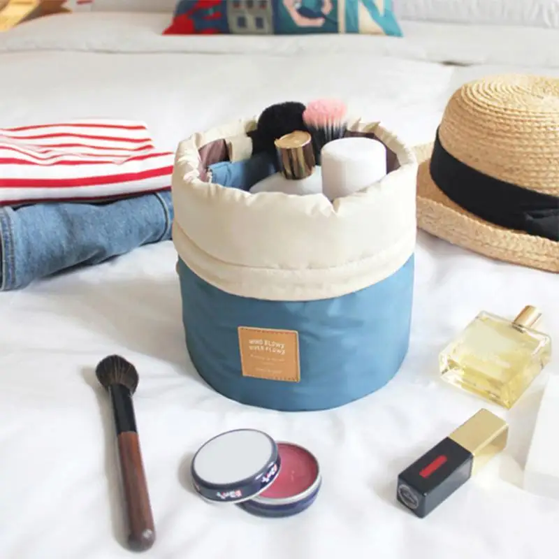  Waterproof Barrel Shaped Travel Cosmetic Bag Make Up Bag Case Drawstring Wash Kit Large Capacity Or