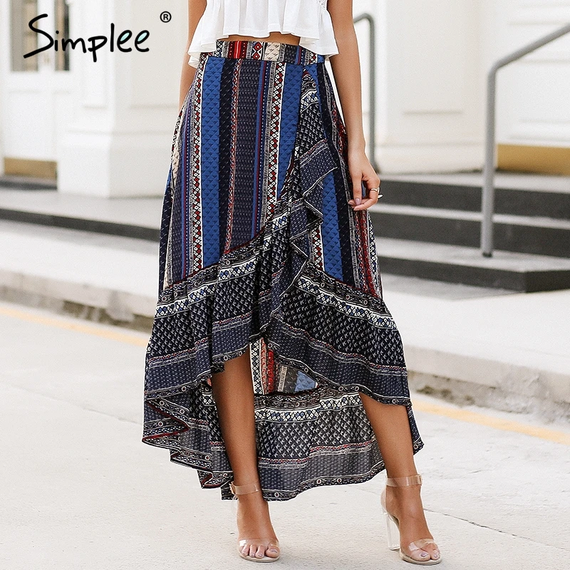 Simplee рюшами boho печати wrap юбка женские летние пляжные повседневные макси Женский