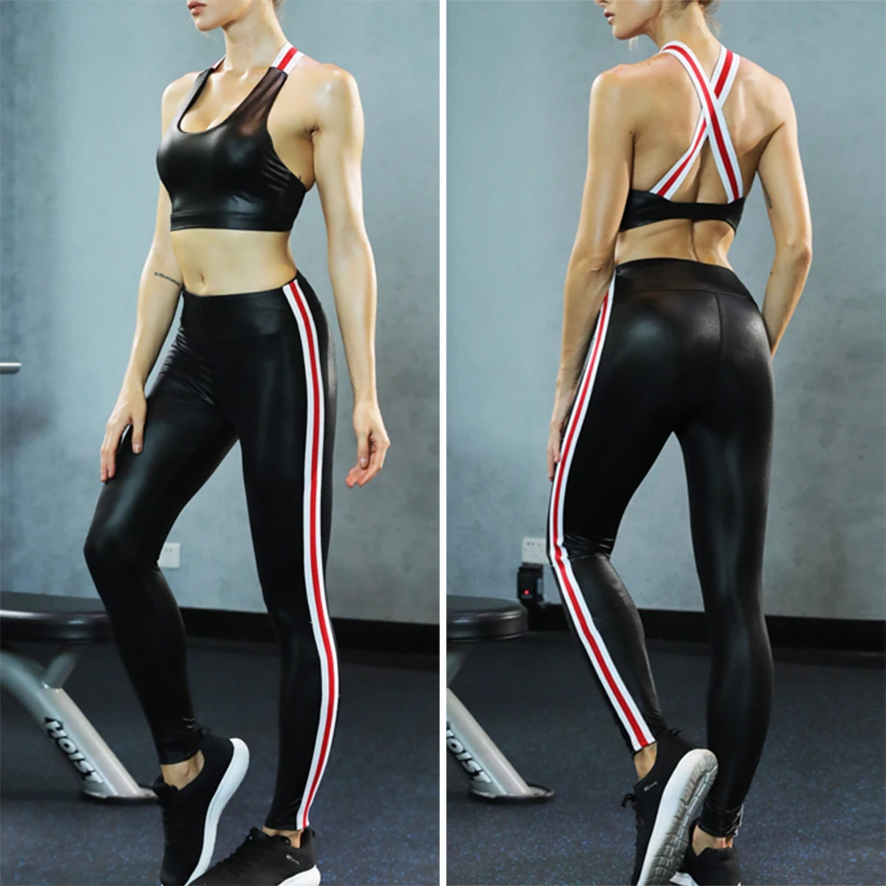 Женский набор для йоги, одежда для фитнеса, Теннисный бюстгальтер+ кожаные штаны, обтягивающие для пробежки тренировки Леггинсы для йоги спортивные костюмы