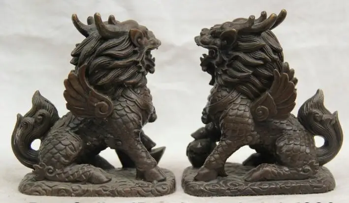 

S1575 5 " Chinese Bronze Feng Shui Yuan Bao fly beast kylin PiXiu dragon Statue pair discount 30% (C0324)