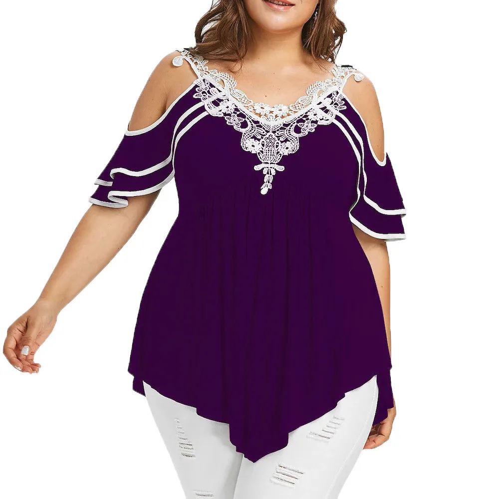 Летние женские топы и блузки размера плюс 5XL, уличная одежда, кружевные футболки с открытыми плечами, туника, Женский Топ, женская одежда - Цвет: Фиолетовый