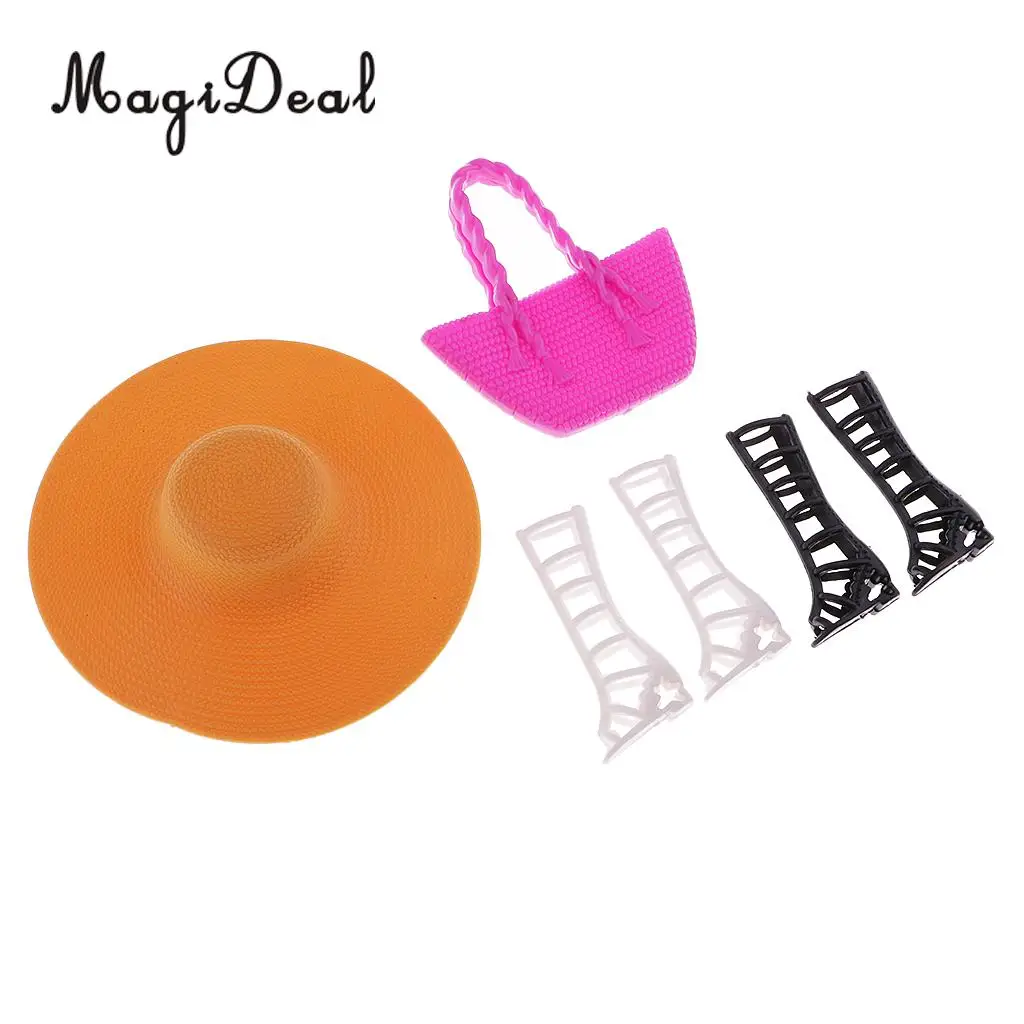 MagiDeal 6Pcs Plastic Clothes set for Doll Dress Up Bag Hat Shoes Beach Holiday Costumes Accs Kids Pretend Play Toys
