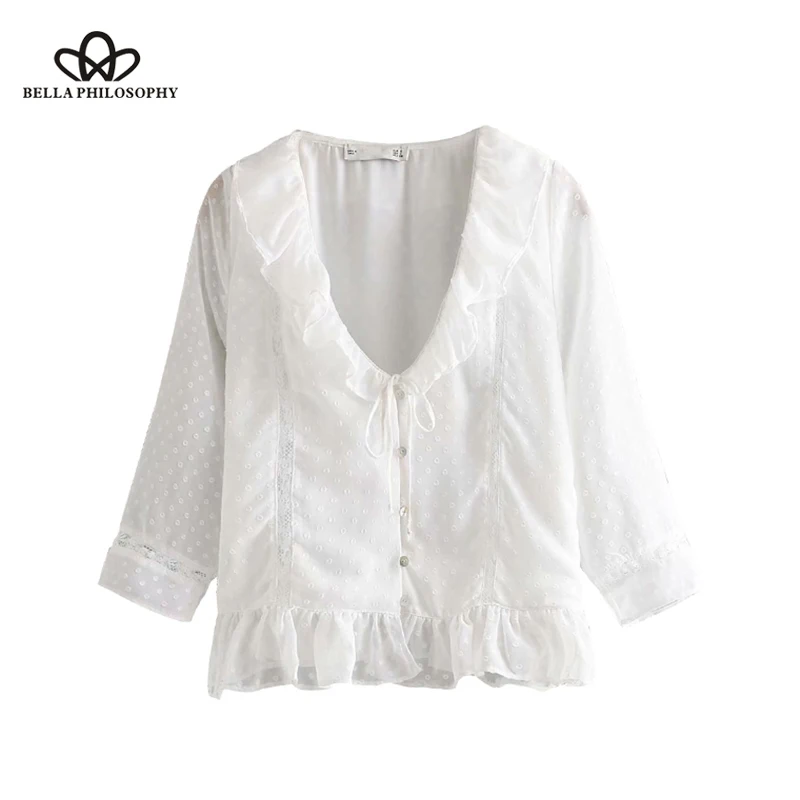 Vintage Sweet Buttons Ruffles Chiffon Tops  Blouses 2019 Fashion V Neck Three Quarter Sleeve Shirts Casual Blusas Mujer Wonder