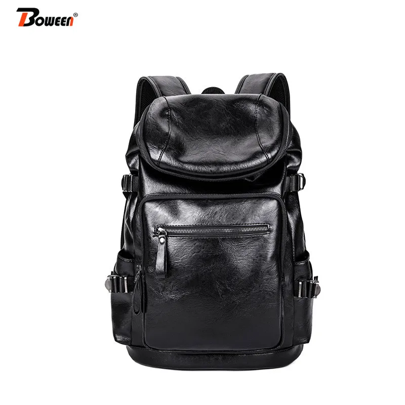 

high quality solid pu leather travel backpack male Large capacity black back pack men laptop bagpack mochila 2019 spring new
