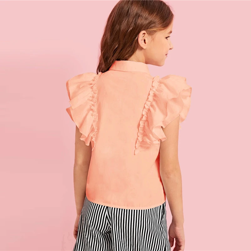 SHEIN/Детская многослойная блузка с оборками и завязками на шее для девочек; милые топы для детей; коллекция года; летние однотонные рубашки без рукавов с пуговицами спереди в консервативном стиле