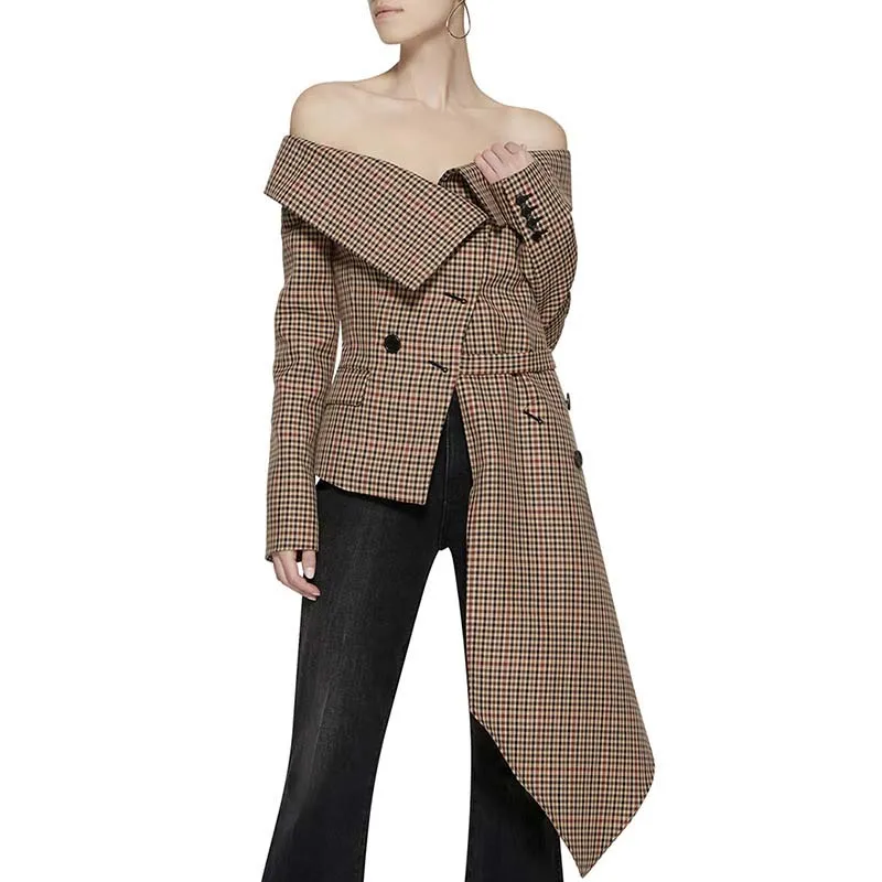 

Fashion Sexy Plaid Off The Shoulder Irregular Jacket Coat High Quality Slash Neck Long Sleeve Lace Up Women Autumn