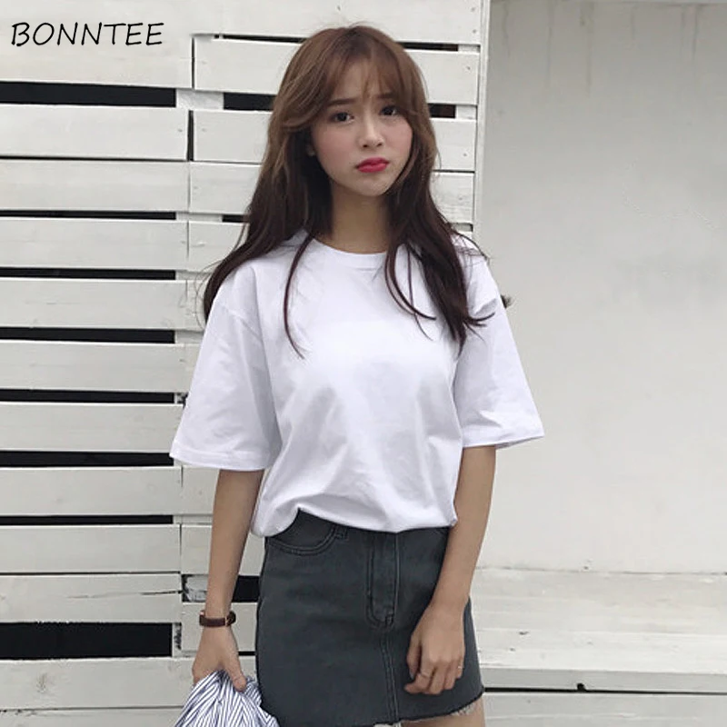 

T-shirts Women Basic White Top Classic Loose O-Neck Solid Simple All-match Soft Korean Style Breathable T-shirt Womens Tees Chic