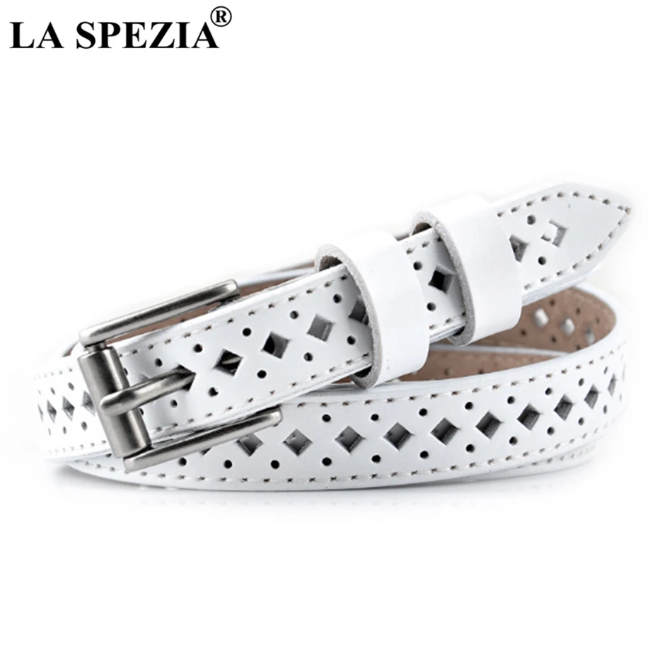 

LA SPEZIA White Thin Belt Women Real Leather Belts For Jeans Vintage Pin Buckle Genuine Leather Ladies Square Double Loop Belt
